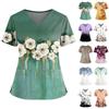 Women's Fashionable Printed V Neck Double Pocket Short Sleeved Shirt With Slit Hem Uniform And Worker Top