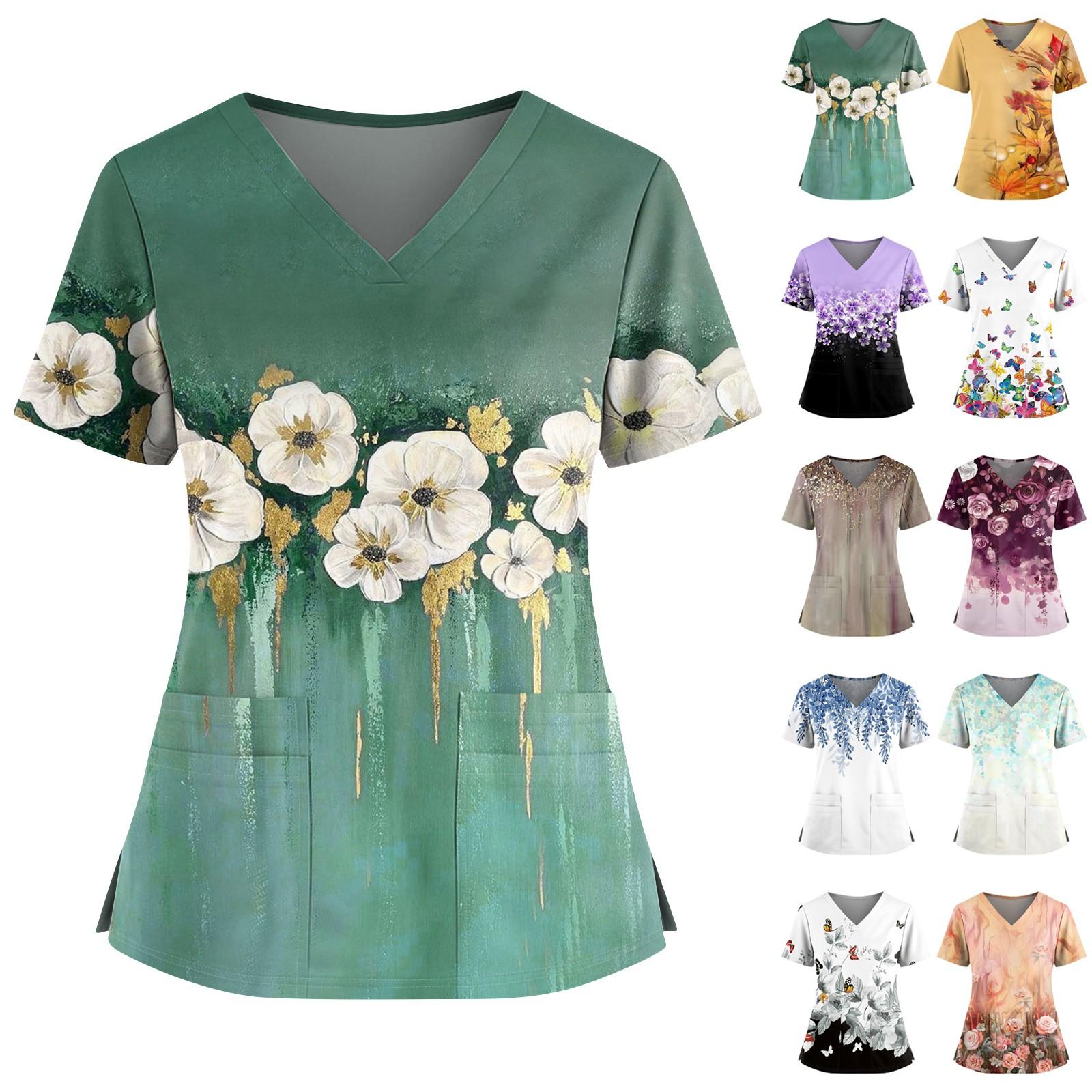 

Women s Fashionable Printed V Neck Double Pocket Short Sleeved Shirt With Slit Hem Uniform And Worker Top M фіолетовий