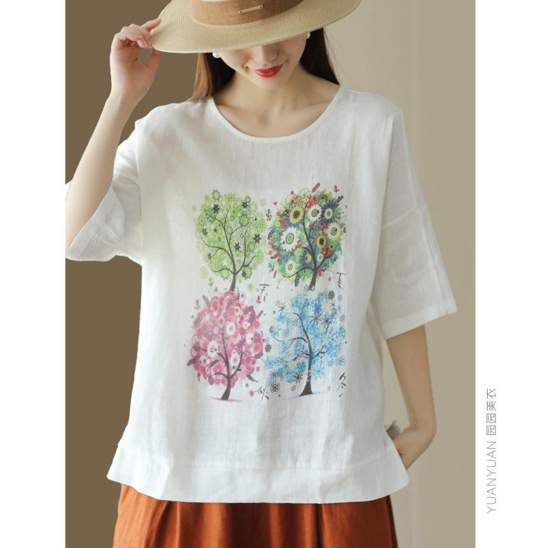 1116 New retro printed linen top women's loose pullover short-sleeved women's casual literary linen T-shirt