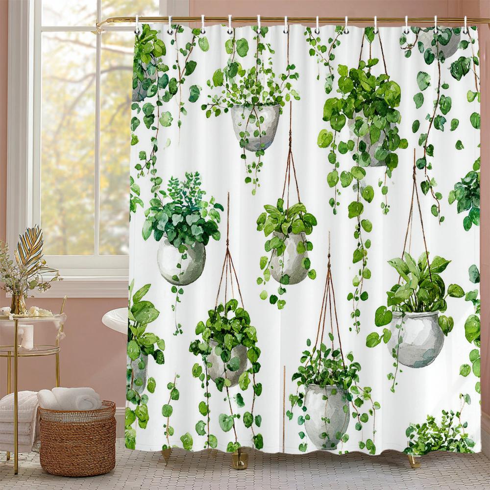 Green leaf plant Shower Curtain, Bathroom Decorative Shower Curtain, Waterproof Shower Curtain with Hooks