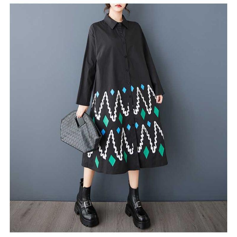 Loose Large Size Printed Splicing Casual Simple Sweetheart Long Sleeve Dresses