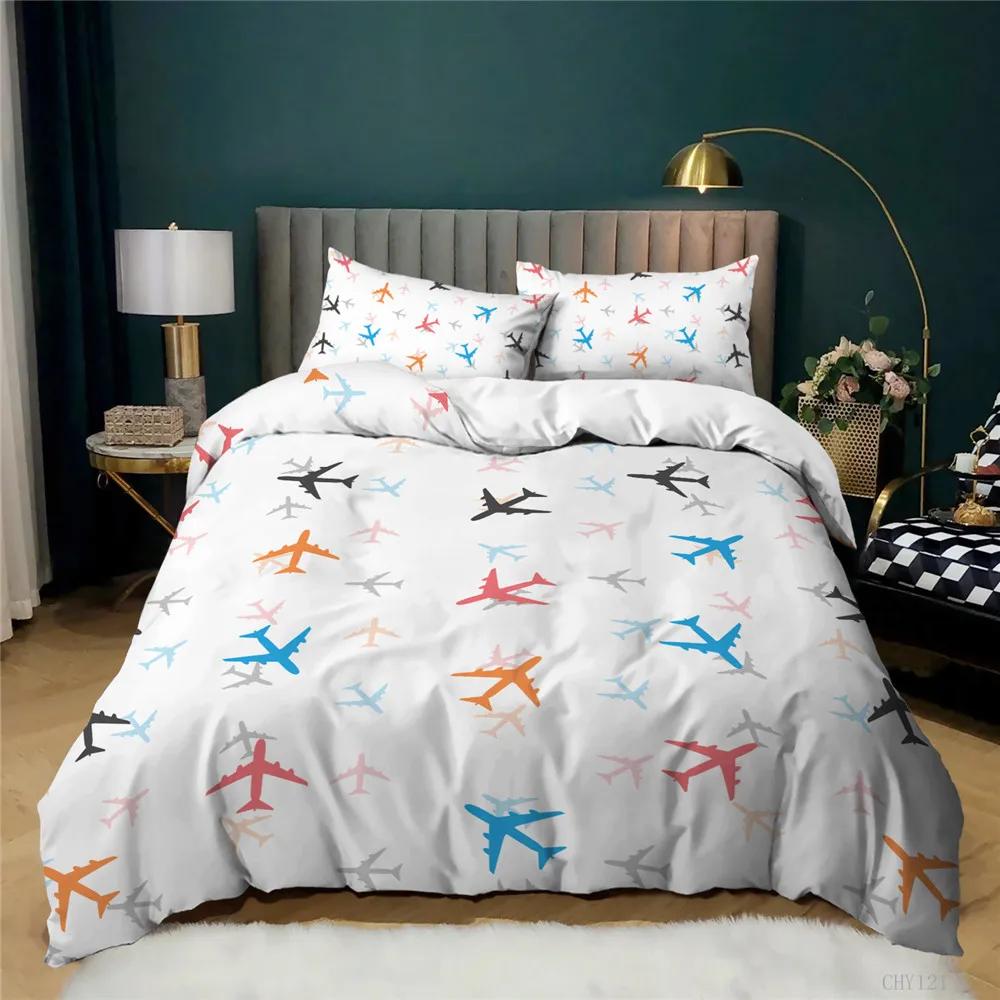 Print Blue White Airplane Comforter Cover Set For Boy Men Teen Kids Microfiber Duvet Cover With Pillowcase Plane Bed Cover Set