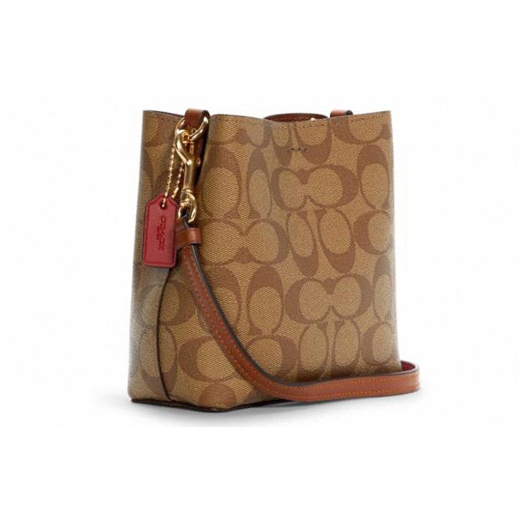 Coach Town 16 Rainbow Logo Print Dark Wood Leather Bucket Bag Women Bags Khaki C6835-IME7V