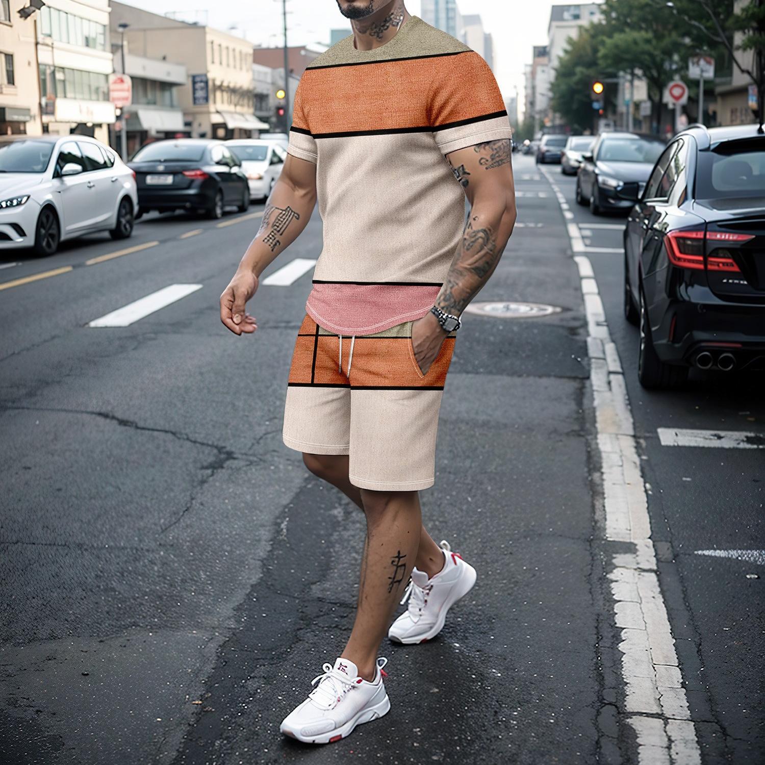 

Men s novel 3D line splicing T-shirt shorts summer suit street cool two-piece set XL
