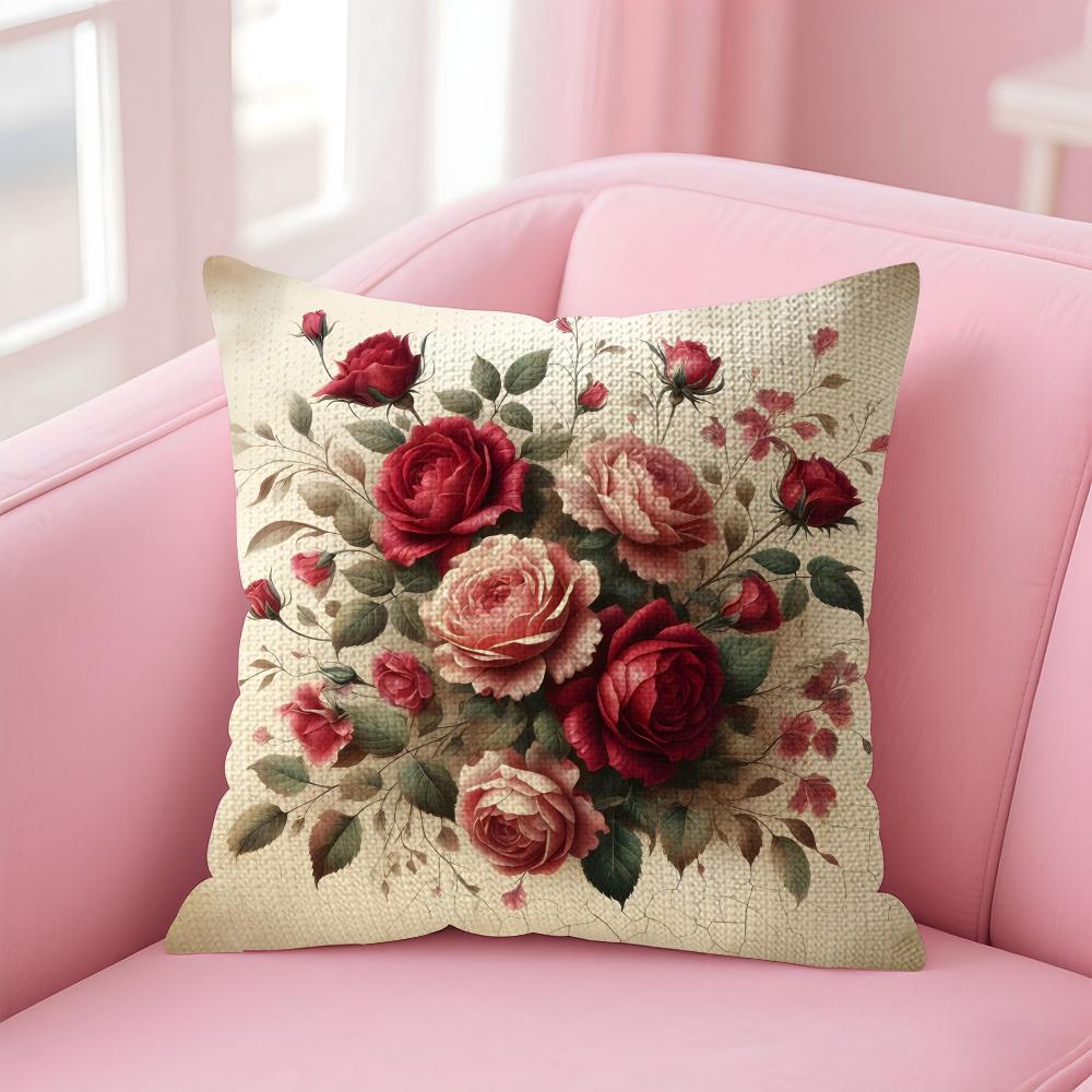 Rose Elegant Cushion Cover Natural Linen Pillow Case DoubleSided Print Decorative Sofa Pillowcase Home Decor Gift