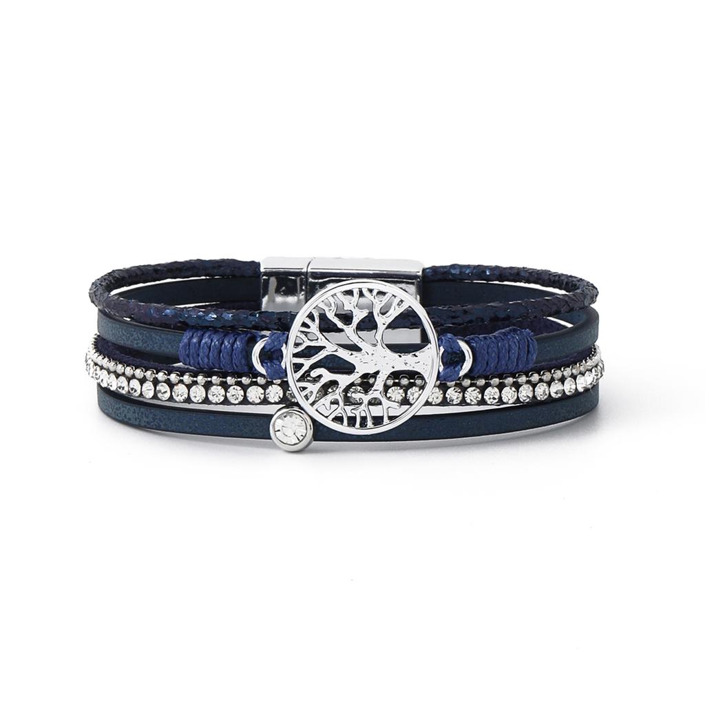 Bohemian Cabala Alloy Tree Life PU Leather Silver Plating Women's Charm Jewelry Dainty Magnet Clasp Wristband Gift