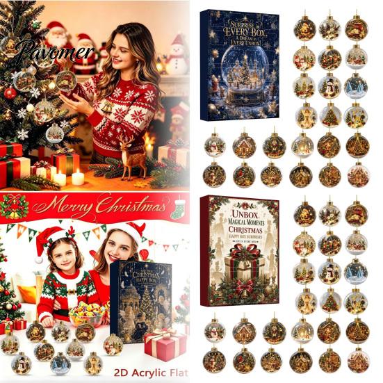 Christmas Advent Calendar Calendar, Acrylic 2D Flat Crystal Ball Pendants with Lanyard, Surprise Gifts 24 Day Tree Hanging Ornament for Home
