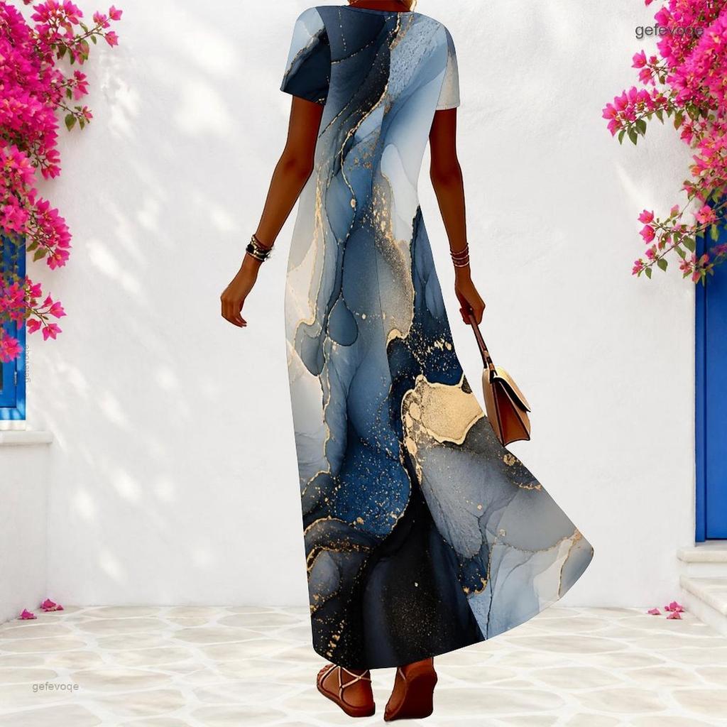 Women Plus Size V Neck Short Sleeve Blue Gold Printed Long Maxi Dress