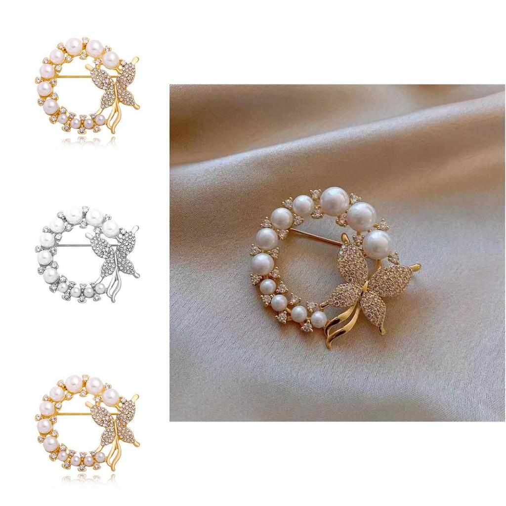 Stylish And Elegant Silver And Gold Butterfly Brooch With Rhinestones And Pearls For Women