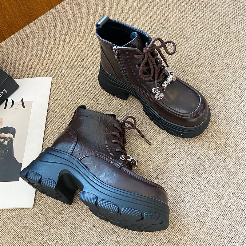 3380-3 Thick-soled Heightening Martin Boots Women's 2025 Autumn and Winter Leather Shoes Women's British Style Short Boots Thick Heel Short Boots