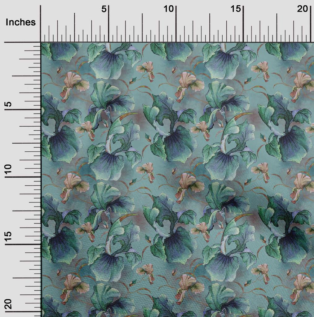 oneOone Bavlněná flex látka, zaprášená tyrkysová zelená, květinový vzor, ​​​​potisk látky na oblečení, látka na prošívání, 40 palců (metry)
