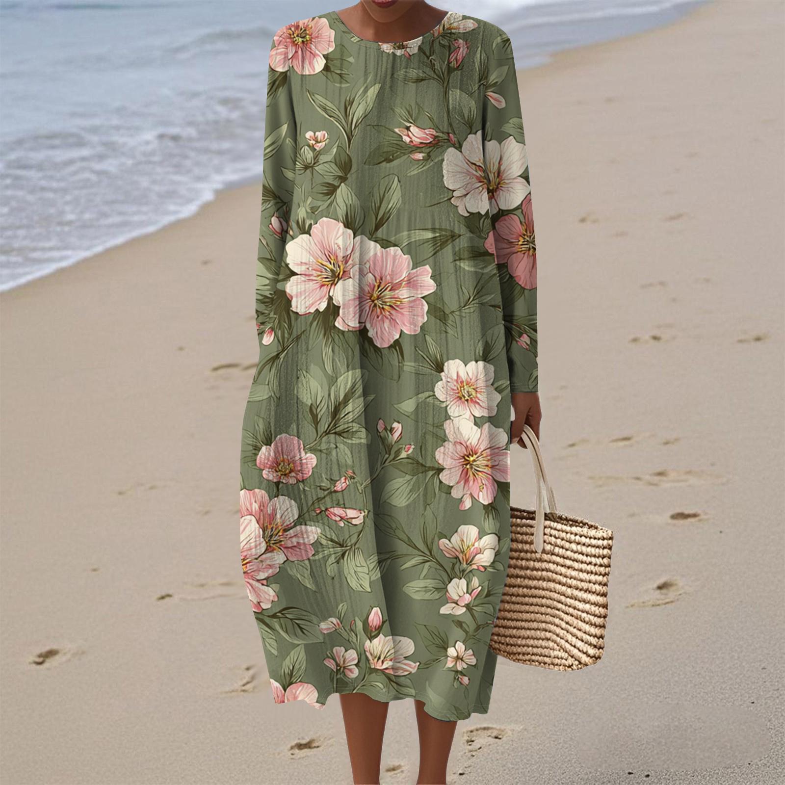 

Women s Fashionable Casual Long-Sleeved Round Neck Floral Print Zipper Dress XL розовый