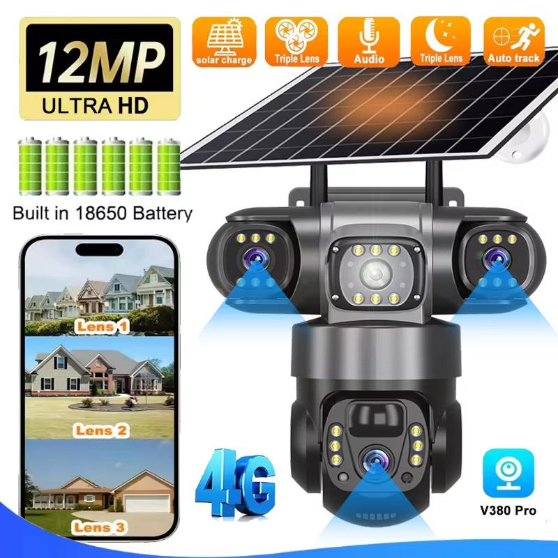 LS VISION 4G 12MP Solar Camera Sim Card 3 Lens Outdoor Surveillance Waterproof PIR Human Detect CCTV Night Vision PTZ Cam Built in Battery