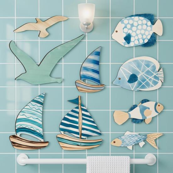 9 Pcs Beach Wooden Wall Decor Coastal Ocean Style Wall Art Rustic Fish Seagull Sailboat Hanging Sculpture for Lake House Home Bedroom