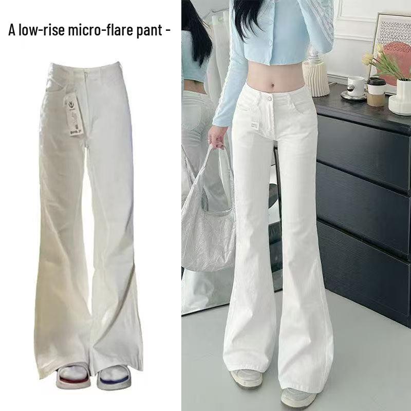 White Low-Waist Micro-Flare Wide-Leg Jeans for Women, Spring/Autumn Style, Versatile Floor-Length Trousers.