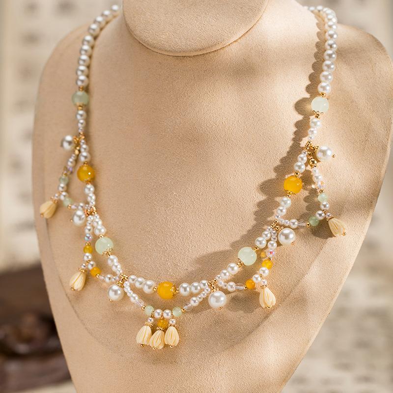 Retro Ethnic Style Necklace Chinese Style Beaded Flower Choker Natural Stone Prayer Necklaces Women Cheongsam Necklace Jewelry
