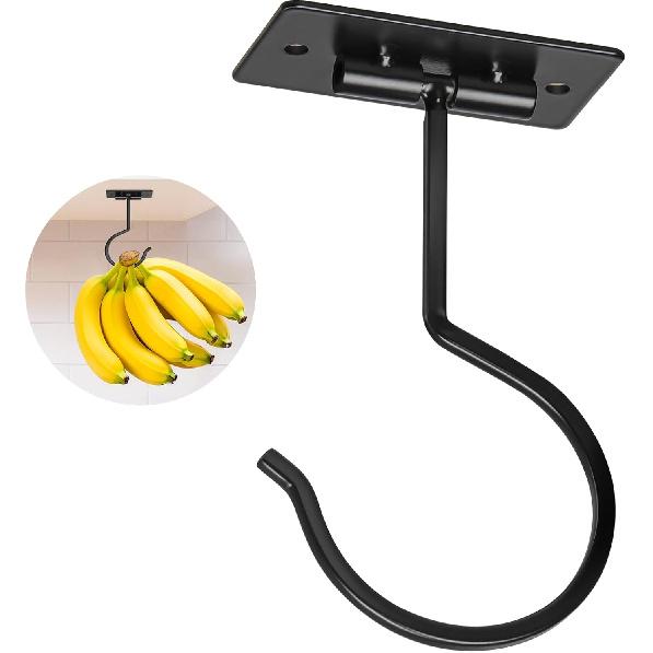 Self Adhesive Banana Hook Under Cabinet Foldable Banana Hanger Black Metal Under Counter Banana Hook to Keep Bananas Fresh Banana Holder for Kitchen