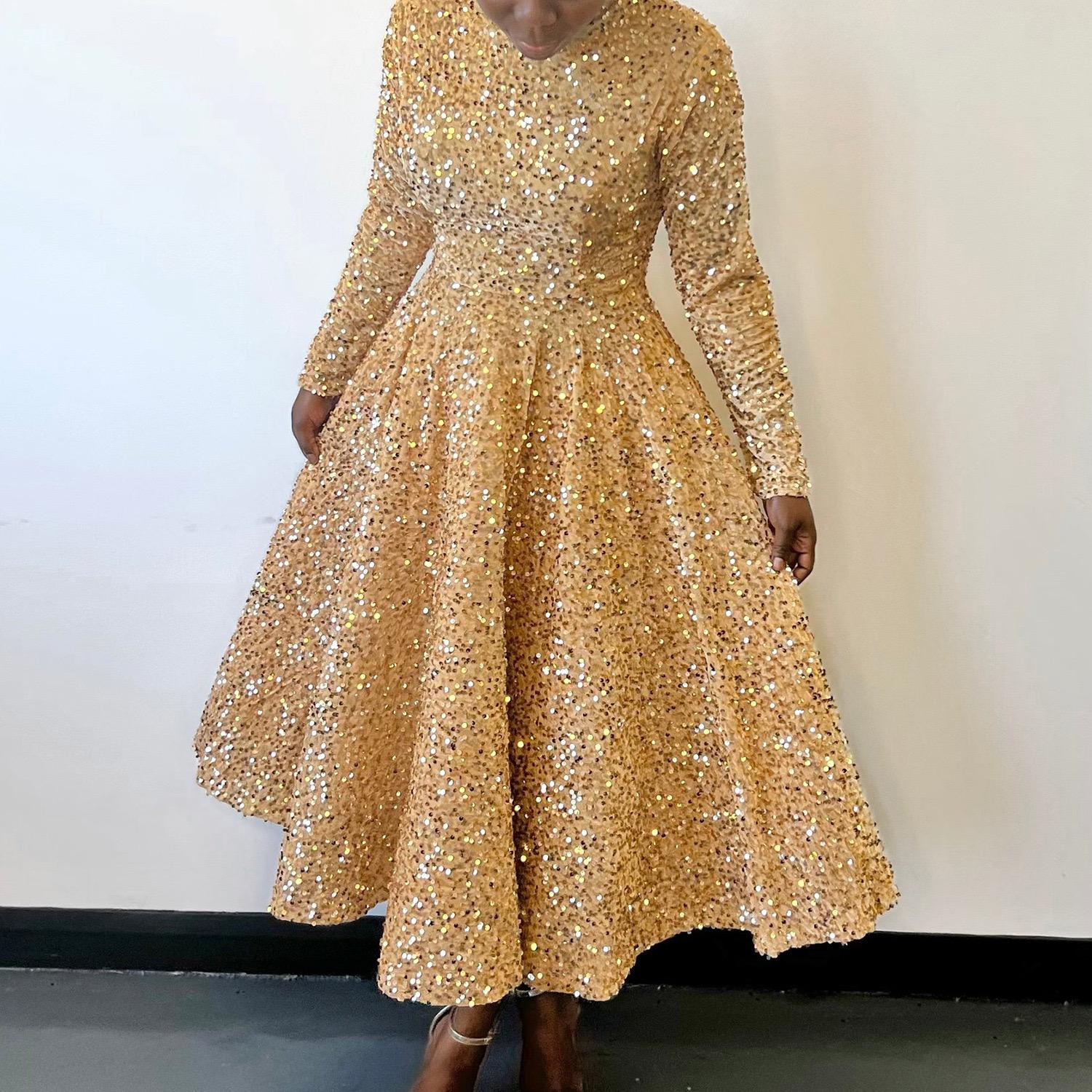 

Элегантные платья с пайетками для женщин с круглым вырезом, длинным рукавом, высокой талией, плиссировкой до середины икры, роскошные платья для вечеринки по случаю дня рождения, Vestidos Mujer XXXL