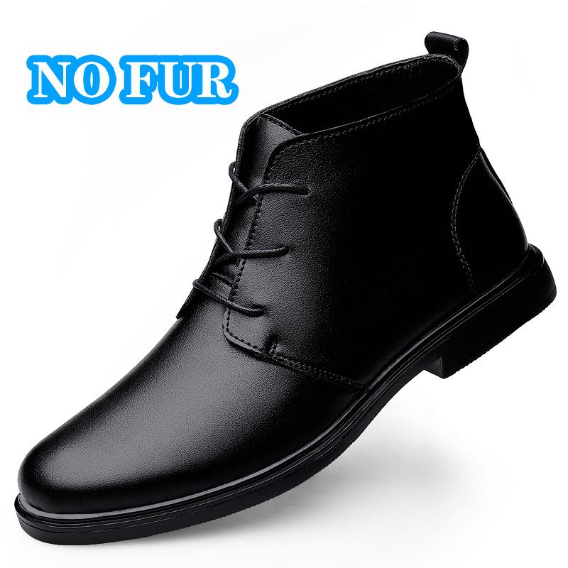Genuine Leather Mens Motorcycle Boots New Brogue High Top Shoes Fashion Lace-up Warm Ankle Boots Winter Plush Snow Boots Botas