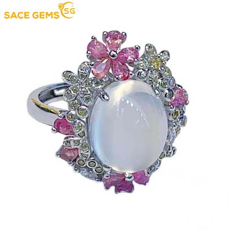 SACEGEMS Resizable 10*12mm Δαχτυλίδια από φυσική πέτρα φεγγαριού για γυναίκες 925 ασήμι 925 Γαμήλιο πάρτι Εκλεκτό Δώρο Φεστιβάλ Κοσμημάτων