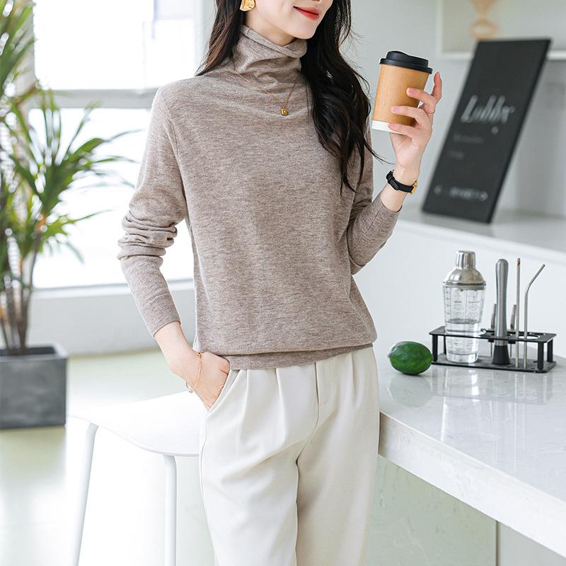 0 Wool Sweater Women's Loose and Thin Long Sleeves Stacked Collar Curled Pullover Sweater Backing Knitted Top Thin New