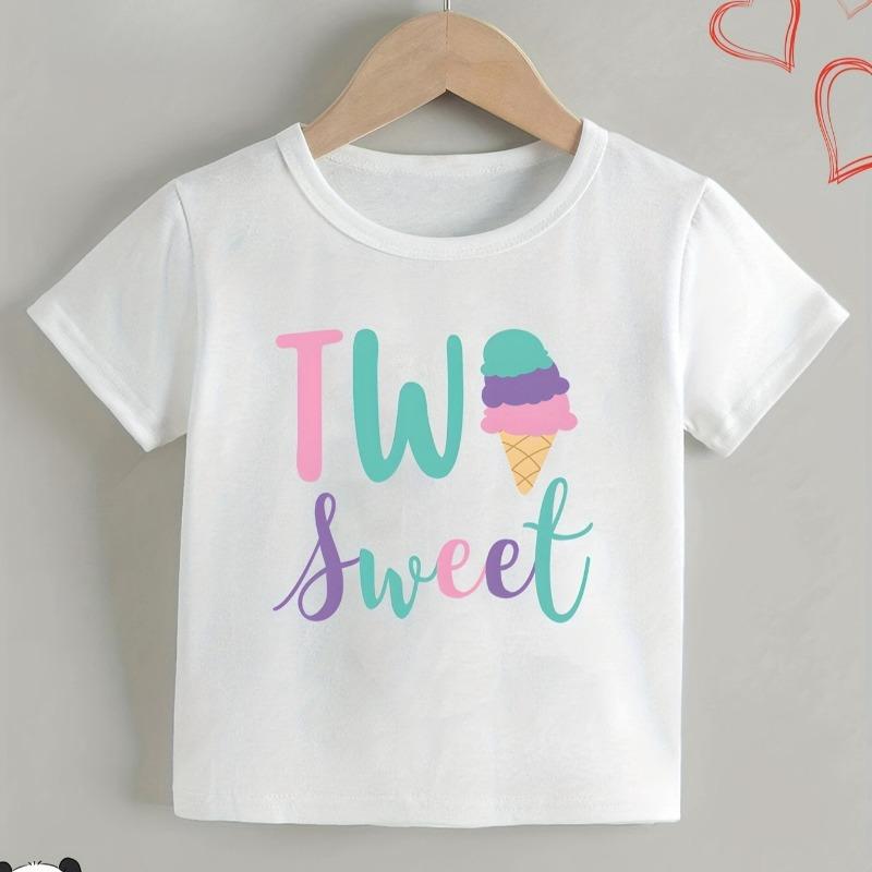 Girls Crewneck Short Sleeve Tee, TWO SWEET Cartoon Ice Cream Print Soft Casual Top 110 белый