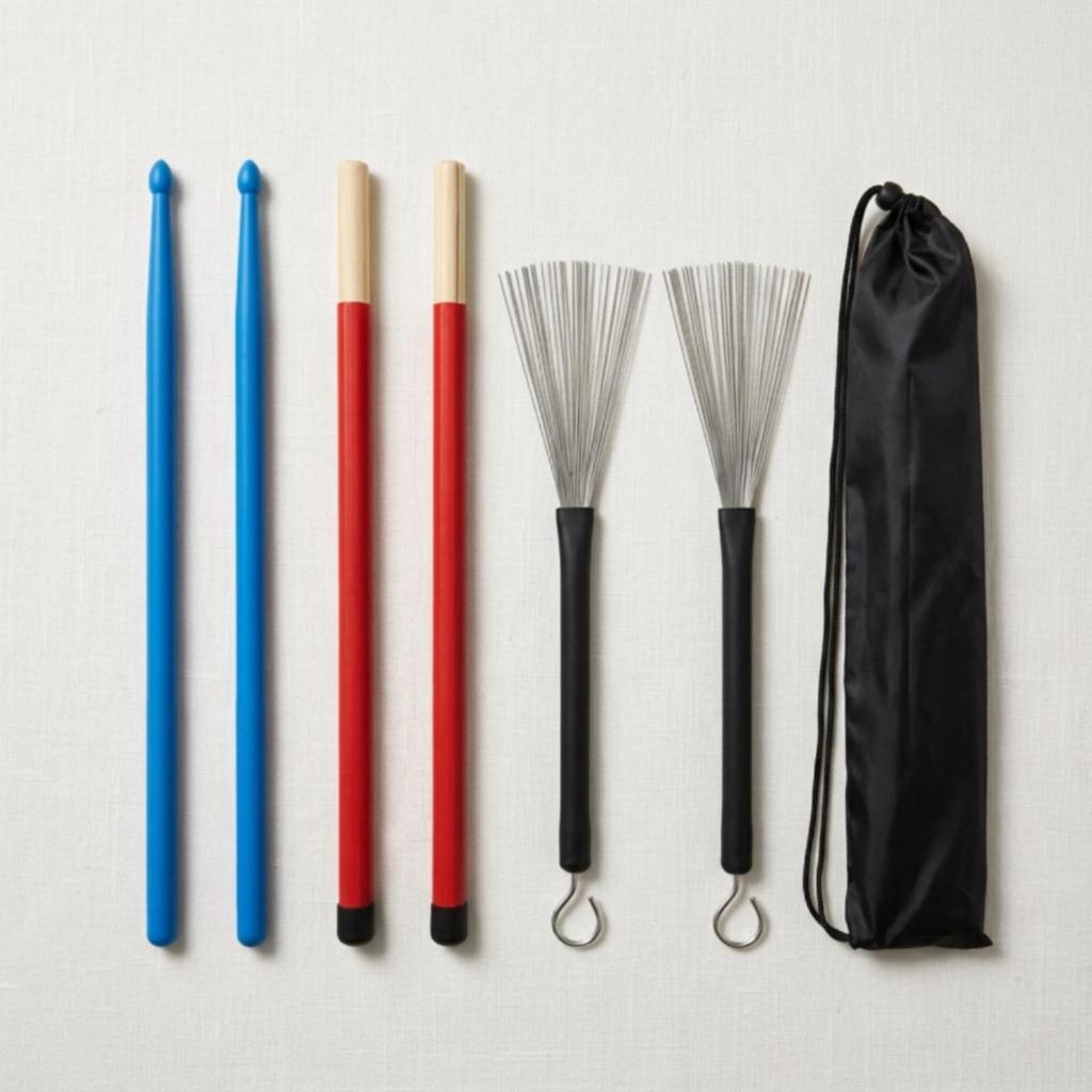 Trommelzubehör-Bundle mit Aufbewahrungstasche Sticks Schlägel Bürsten Set Gemischtes Material