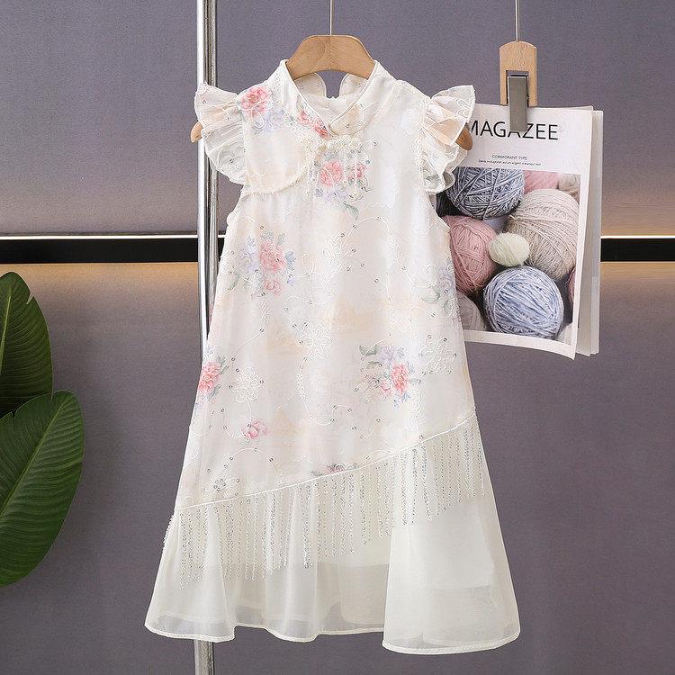 2026 Summer Chinese Style Girls Floral Medium-Length Qipao Dress 120 cm