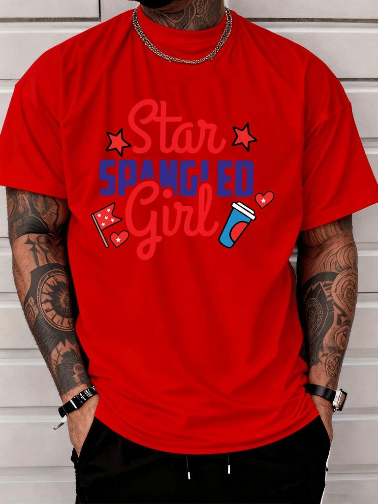 Unisexs Summer Short Sleeve T Shirt Star Spangled Girl USA Flag Print Crew Neck Black Tee Patriotic Daily Holiday Fashion Top