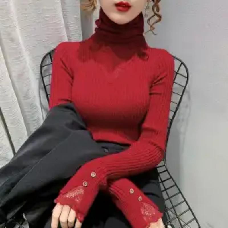 Splicing Pile Turtleneck Sweater Fashionable Slim Knitted Base Shirt Autumn Winter Mesh Hollow Lace