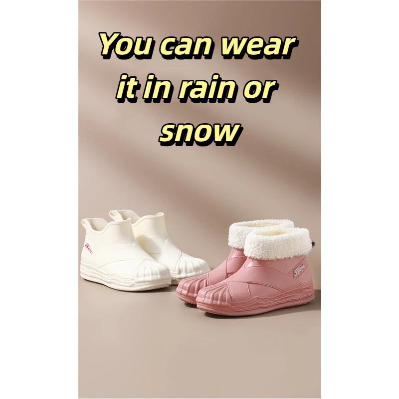 Women's Fashion Non Slip Short Tube Warm Cotton Lined Rain Boots Rubber Shoes