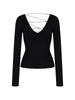 Women's Black Lace Splicing V-Neck Open-Back Long-Sleeve Top for Autumn/Winter