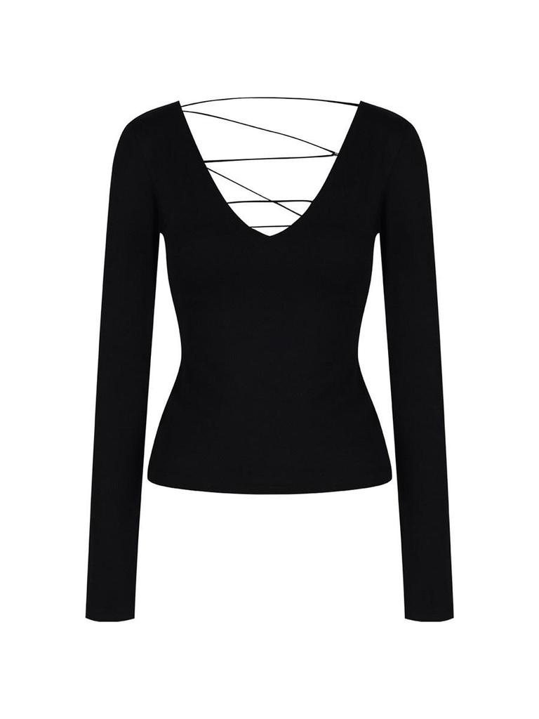 Women's Black Lace Splicing V-Neck Open-Back Long-Sleeve Top for Autumn/Winter