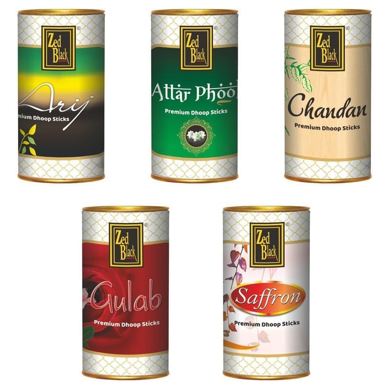 Zed Black Aroma Combo of 5 Dhoop Sticks Tin Set Chandan Gulab Arij Attar Phool Saffron 100 Gm Each (45 Units, Set of 5)