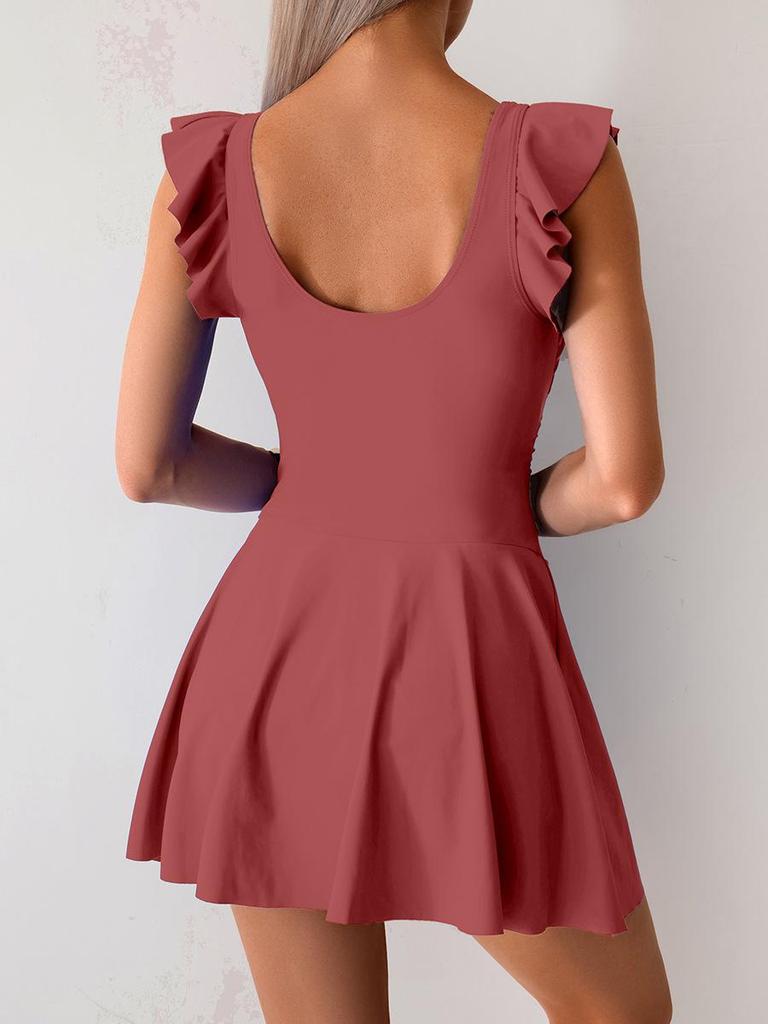 2025 Ruffle Sleeve One Piece U Neck Swimsuit Women Solid Beach Dress Swimwear Female Bathers Swimming Bathing Bodysuit Summer