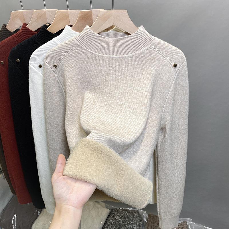 One-piece Fleece Semi-turtleneck Sweater Women's Fleece Thickened Bottoming Shirt Autumn and Winter New Knitted Sweater with Top Tide