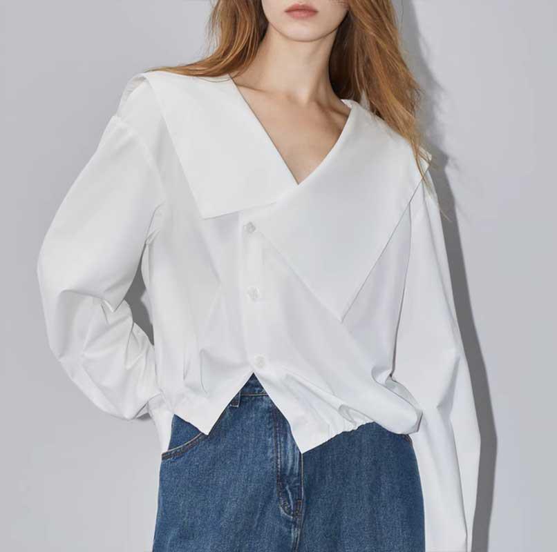 

Женская белая рубашка с неровным лацканом - Большая, Осень 2023 Нишевый дизайн Large белый