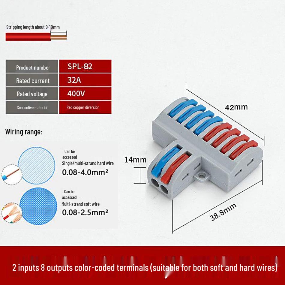 SPL-Splitter: 2-in-10-out, 2-in-12-out Quick Wiring Terminal, Press-Type, Orange/Multicolor.