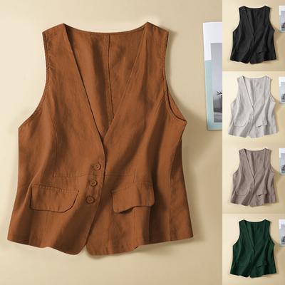 Vintage Vest Summer Deep V-Neck Solid Casual Sleeveless Tank Tops Cotton Linen Thin Outerwear Vest Coat