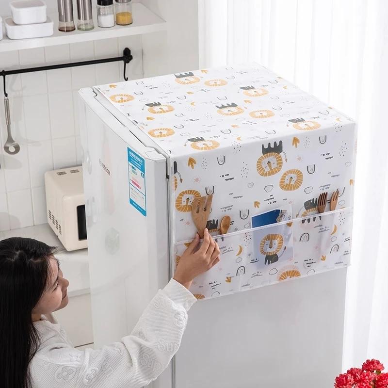 

Чехол для защиты холодильника от пыли PEVA с водонепроницаемым принтом, складные боковые отсеки для хранения, экологически чистые, бытовые, гладкие, стиральные машины львиный