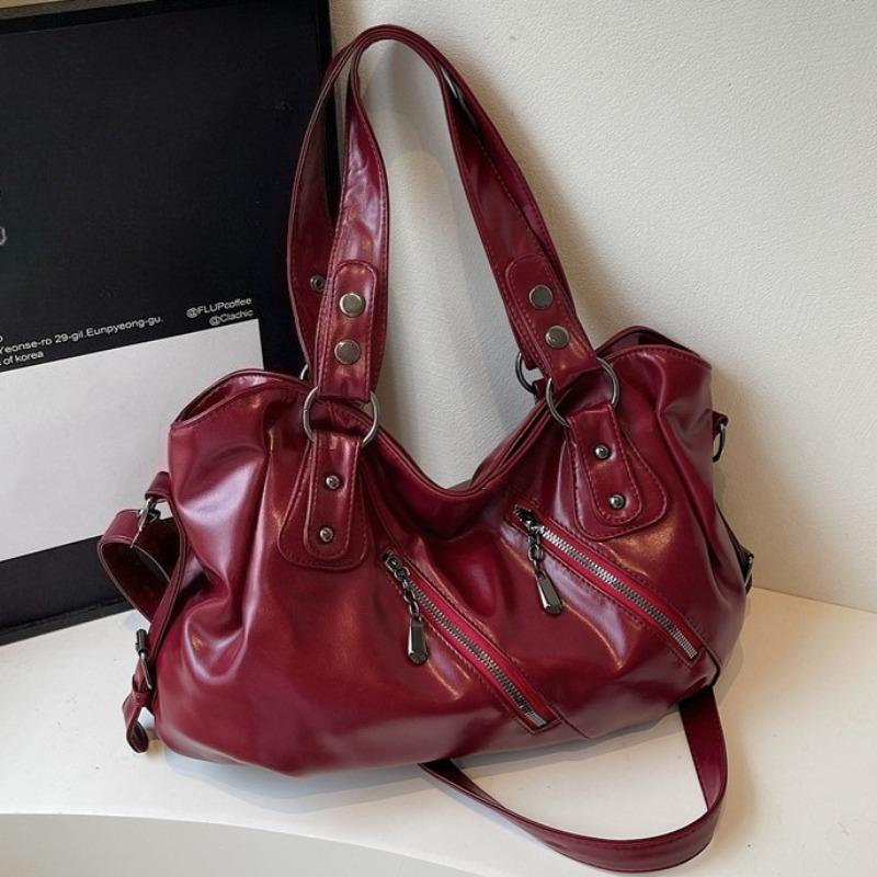 Retro Women's PU Leather Handbag Large Capacity Shoulder Bags Multi Zip Pocket Handbag for Daily Commute Work Shopping and Weekend Outings