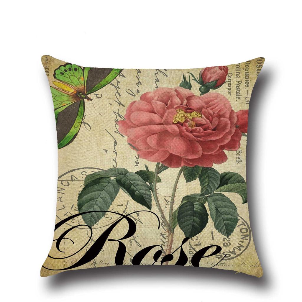 Pure Floral Linen Cushion Rose Pillow for Home Chair Sofa Decorative Oil Painting Flowers Pillowcase