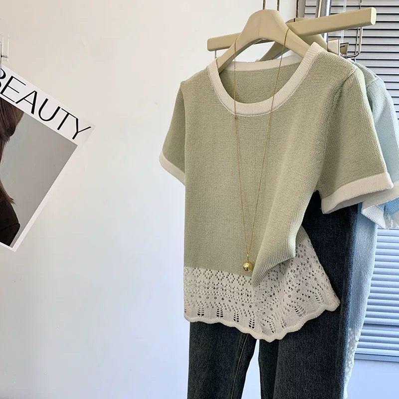 

Футболка с короткими рукавами для женщин, летний дизайн во французском стиле, контрастный цвет, шелковый трикотаж, универсальный топ L зелёный