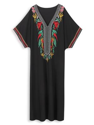 Solid Color Vintage Embroidered Bat Sleeve Kaftan Tunic Casual V-neck Side Split Beach Maxi Dress Summer Women Beachwear Swimsuit Cover Up