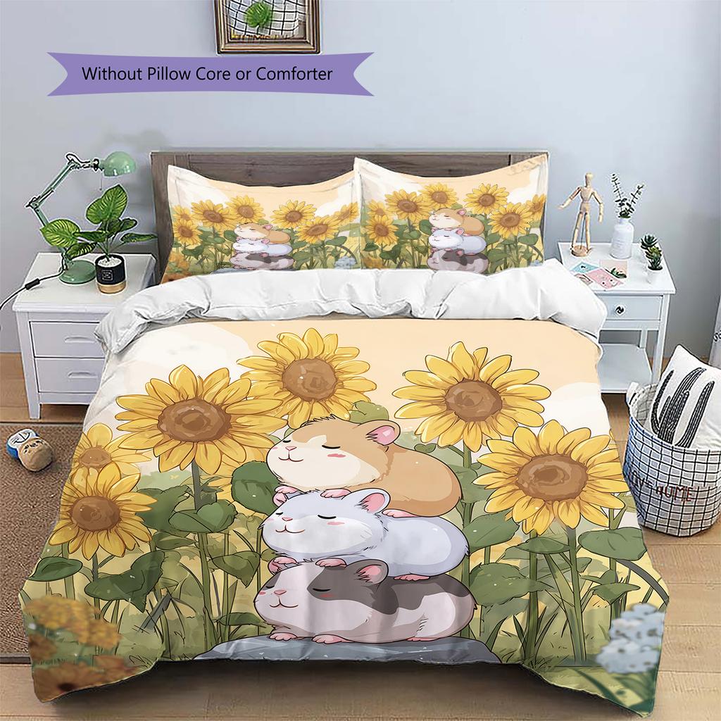Watercolor Sunflower Pattern Bedding Quilt Set Home Decoration Gift (1 * duvet cover + 2 * pillowcase without core)
