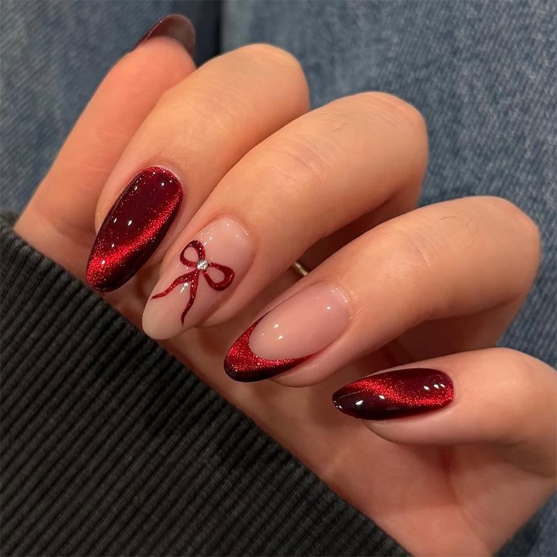 Rose Red Cat Eye Almond Press On Nails 24Pcs Glossy Stick On False Nails Simple DIY Manicure Patches For Women