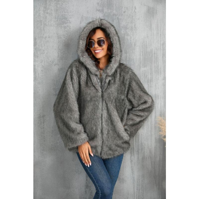 Imitation Fur Coat Solid Color Loose Hooded Short Fur Collar Coat Winter Coat Warm Winter Clothing