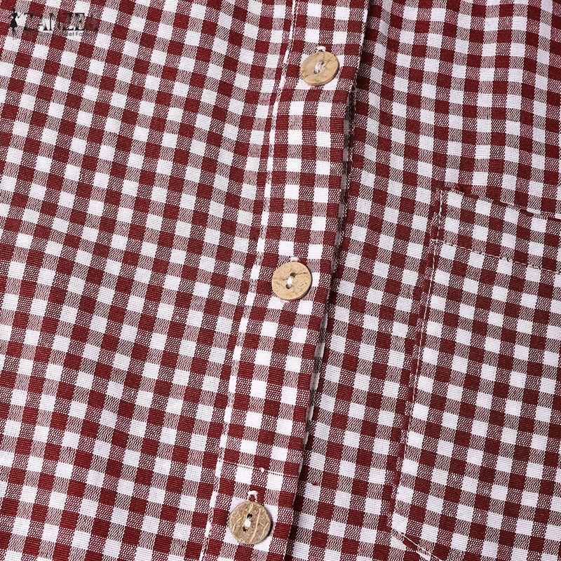 ZANZEA Women Plaid Print Casual Round Neck Loose Half Sleeve Dress