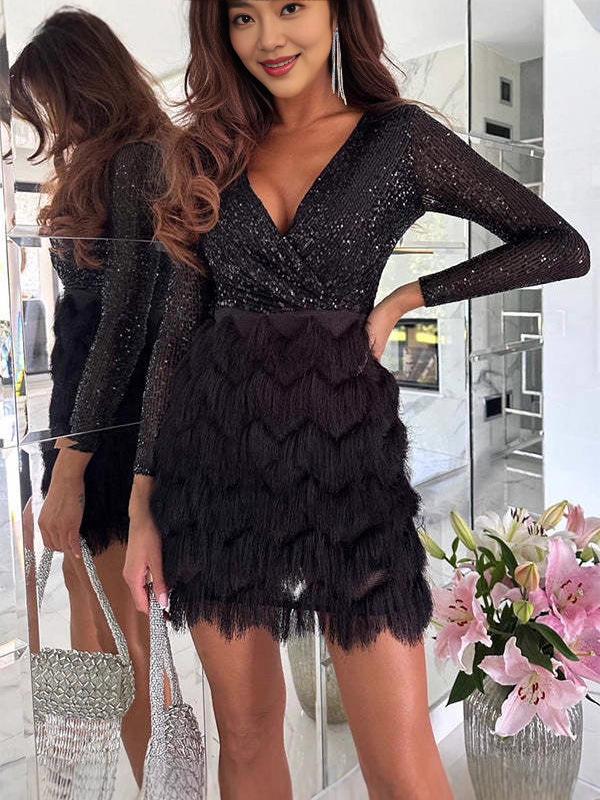 Dámské mini šaty s výstřihem do V, dlouhým rukávem a lemem z flitrů a peří, elegantní společenské bodycon šaty