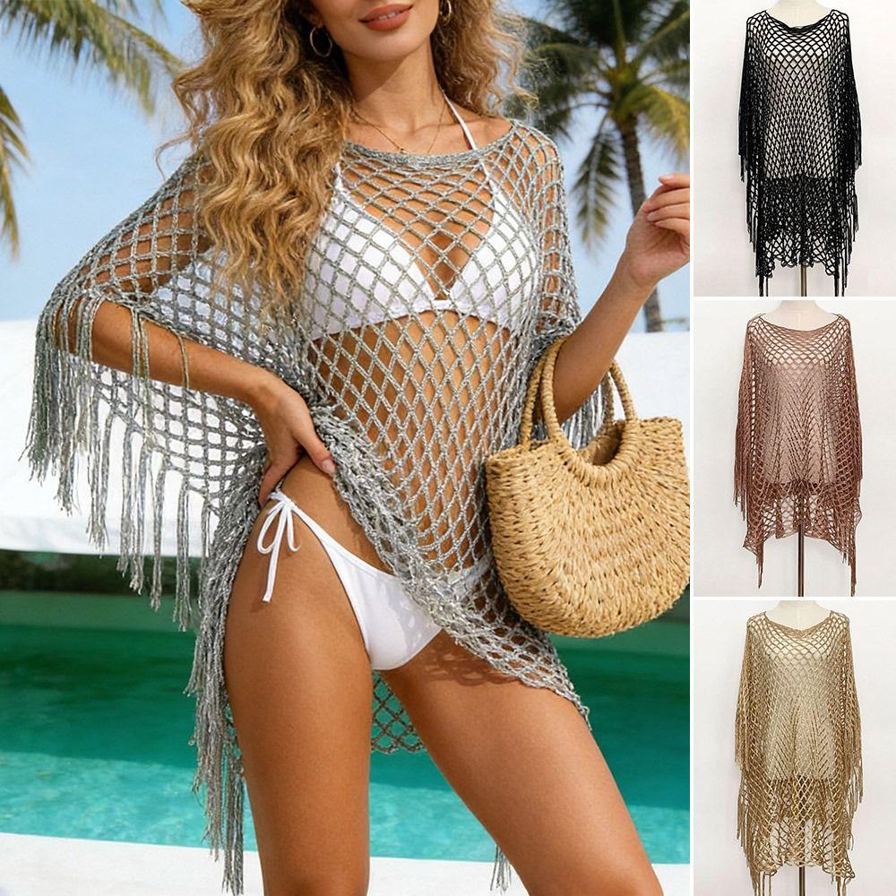 Knitted Shawl Jacket Gold Silver Wire Mesh Poncho Simple Design Cover Up  Vacation